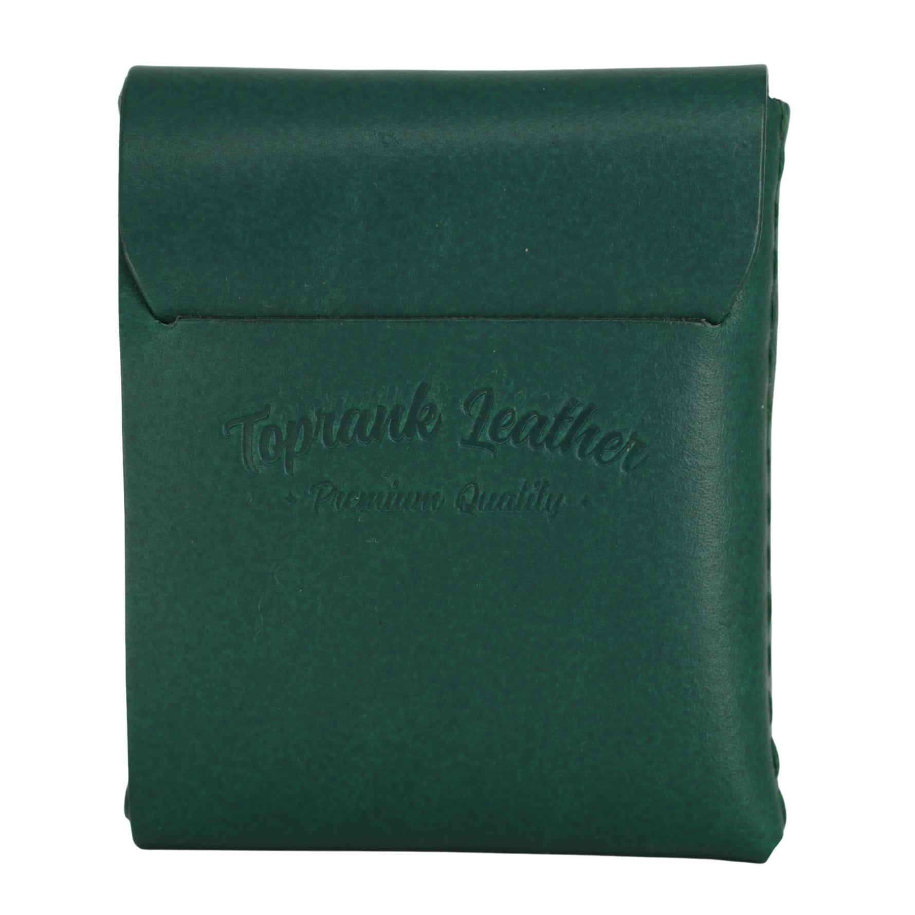 Gable full grain leather flap wallet in Green, closed, with the embossed Toprank Leather logo. 