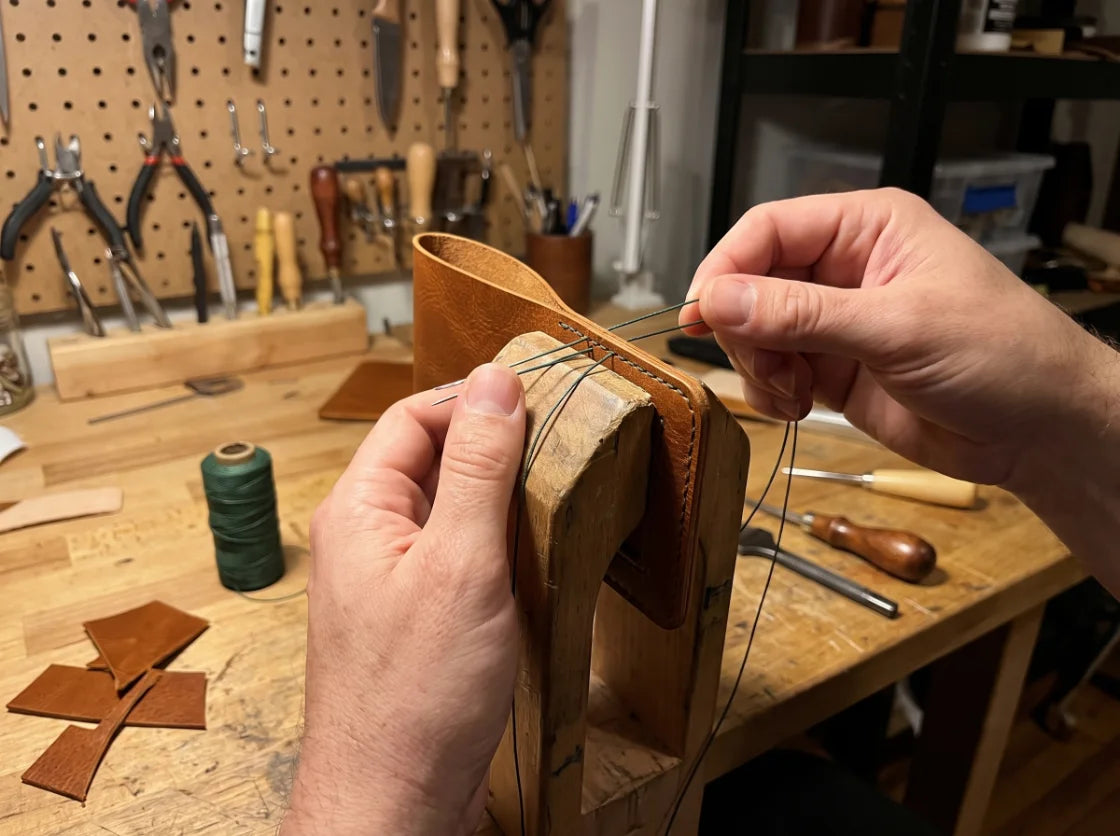Toprank Leather workshop bench — hand-stitching a leather wallet in a stitching pony
