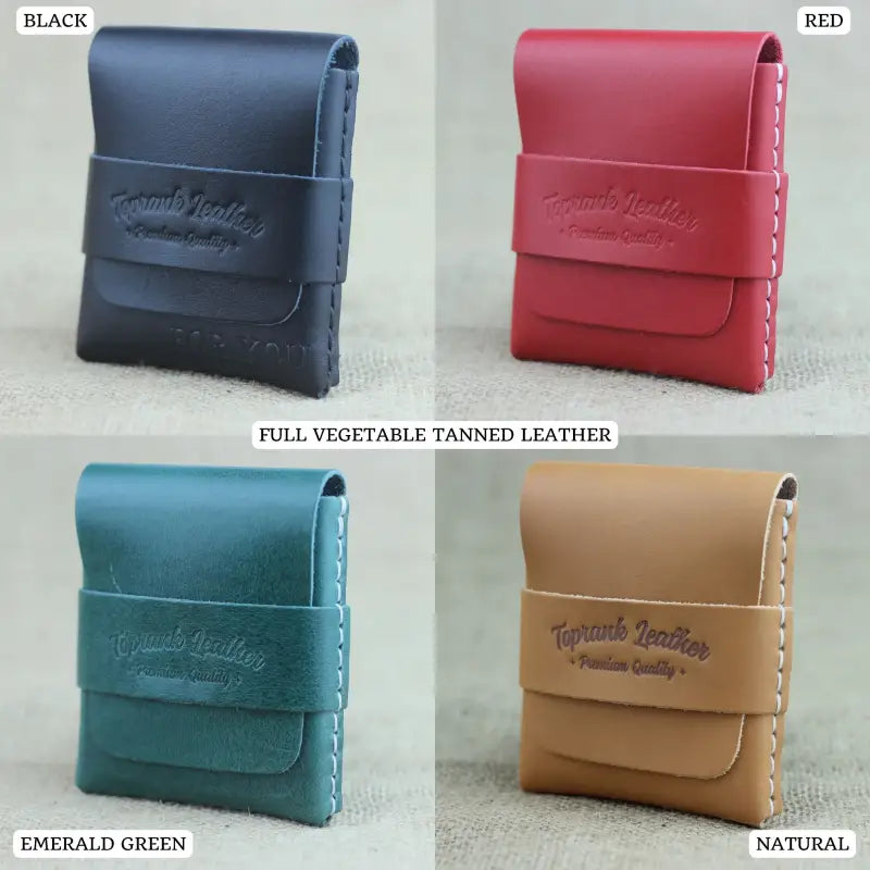 Four leather card holders in various colors featuring a Compact Handcrafted Leather Card Holder Wallet