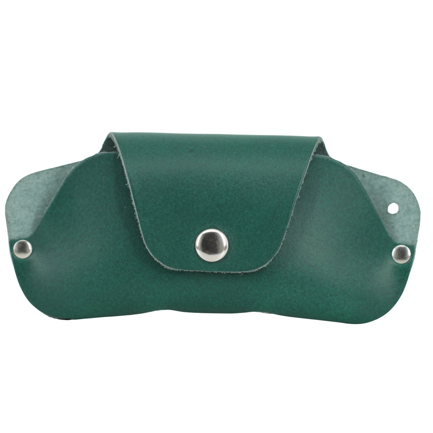Green leather pouch with metal clasps on a white background