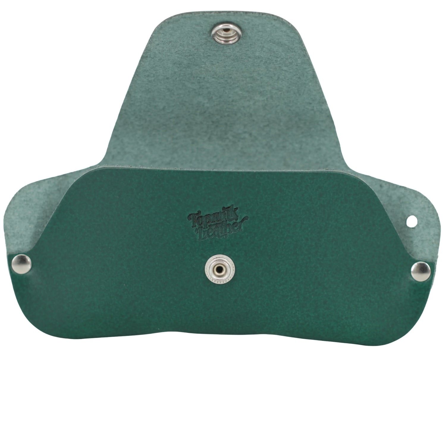 Green leather wallet with metal grommets on a white background