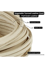 Vegetable tanned leather cord with specifications on a white background 