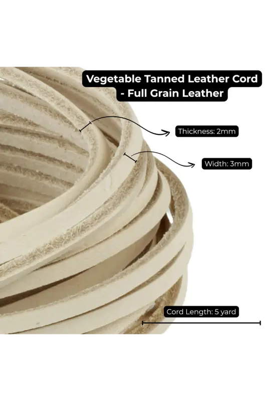 Vegetable tanned leather cord with specifications on a white background 