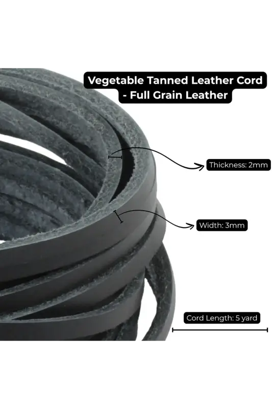 Close-up of vegetable tanned leather cord with specifications labeled 