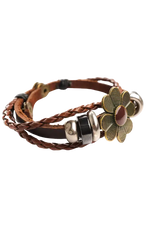 Brown leather bracelet with floral charm on a white background 
