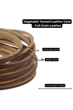 Vegetable tanned leather cord with specifications on a white background 