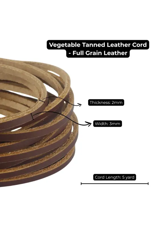 Vegetable tanned leather cord with specifications on a white background 