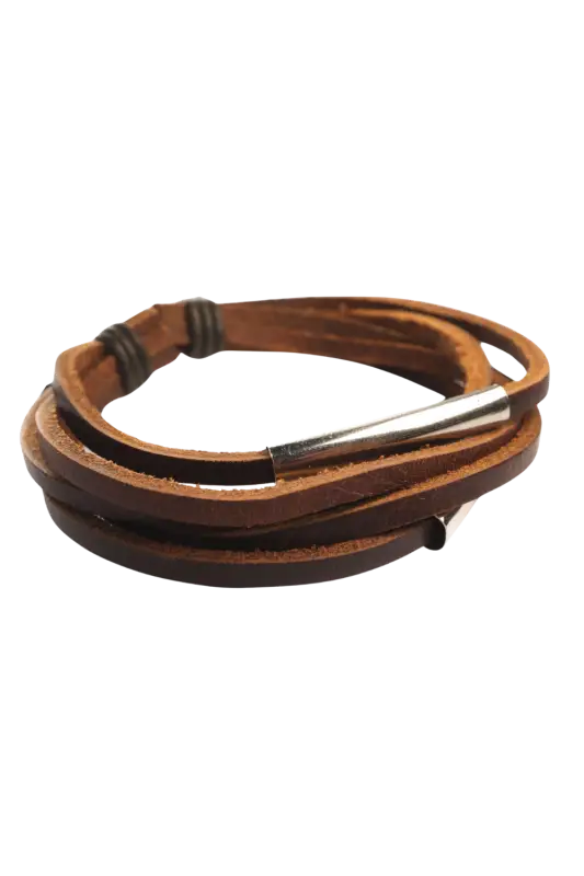 Brown leather bracelet with metal clasp on a white background 