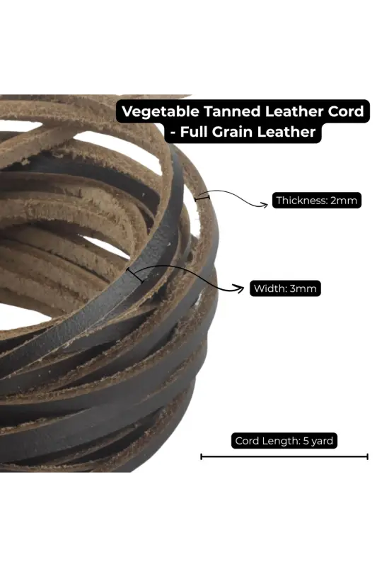 Vegetable tanned leather cord with specifications on a white background 