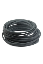 Coiled black cord on a white background Close-up of vegetable tanned leather cord with specifications labeled 