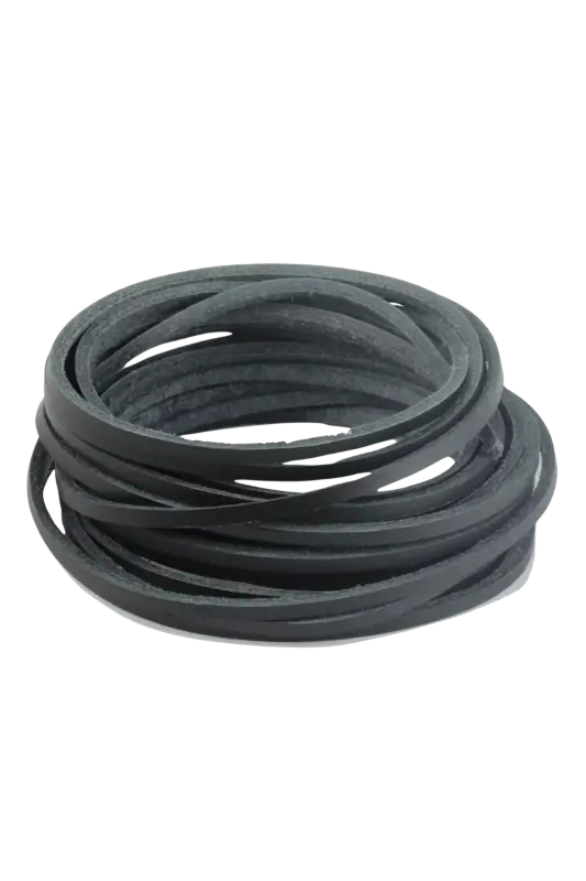 Coiled black cord on a white background Close-up of vegetable tanned leather cord with specifications labeled #black