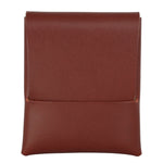 A brown leather pouch or sleeve with a flap closure and a horizontal seam, shown against a plain white background. 
