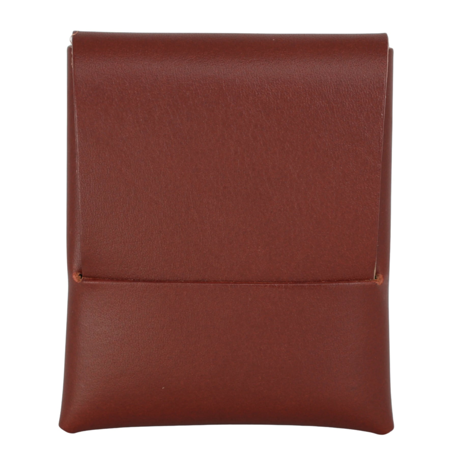 A brown leather pouch or sleeve with a flap closure and a horizontal seam, shown against a plain white background. 