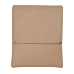 A minimalist, structured pouch or sleeve in a light tan or beige textured material, featuring a horizontal stitched detail across the middle, shown against a plain white background. 