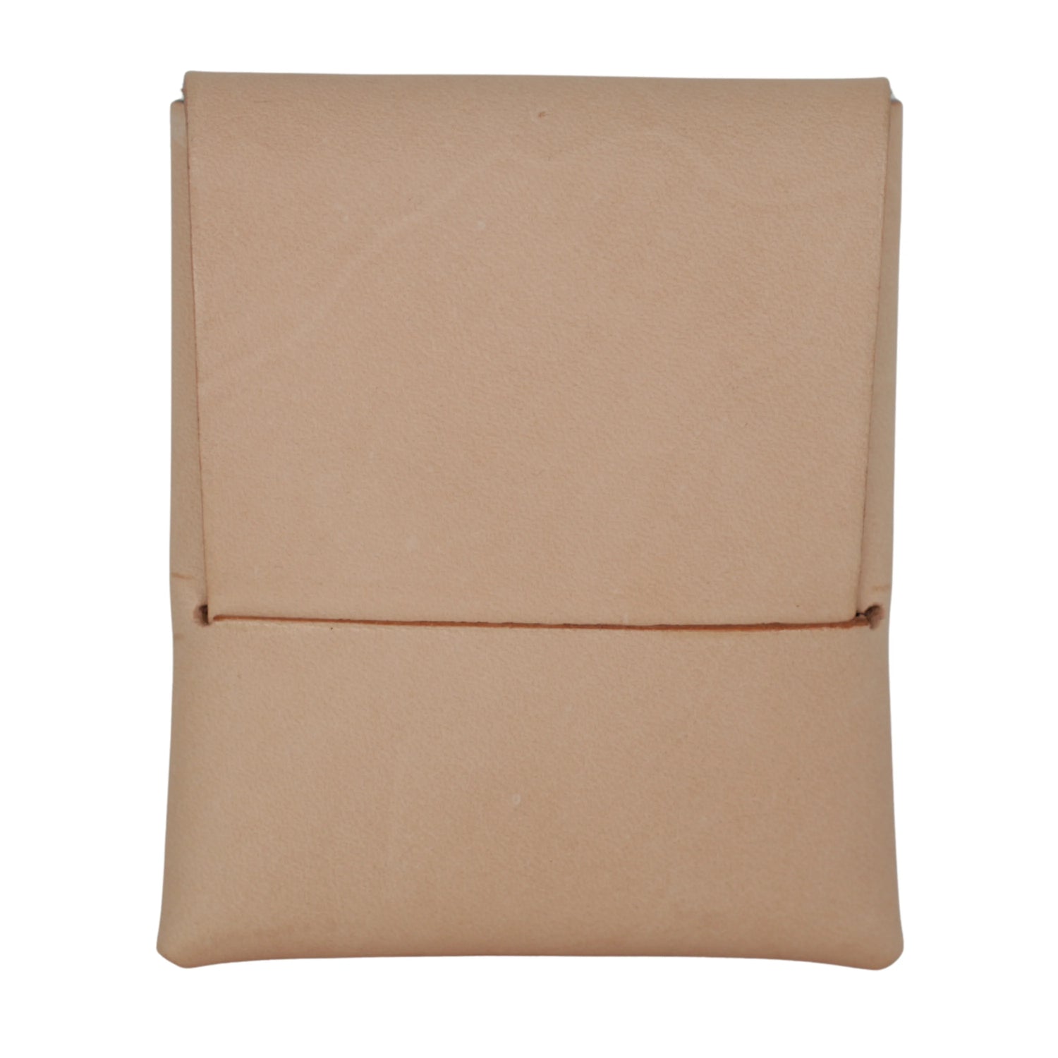 A minimalist, structured pouch or sleeve in a light tan or beige textured material, featuring a horizontal stitched detail across the middle, shown against a plain white background.