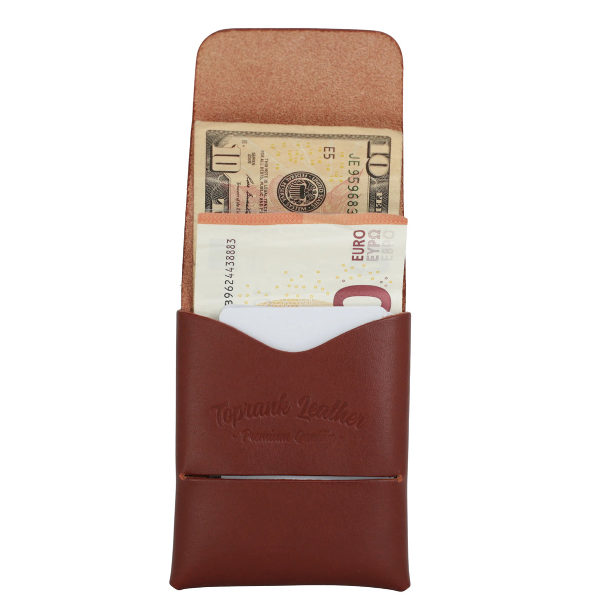 A brown leather card holder wallet with a tan interior pocket holding US dollar bills and Euro notes, shown against a plain white background. The front pocket is embossed with the brand name 'Toprank Leather'. 