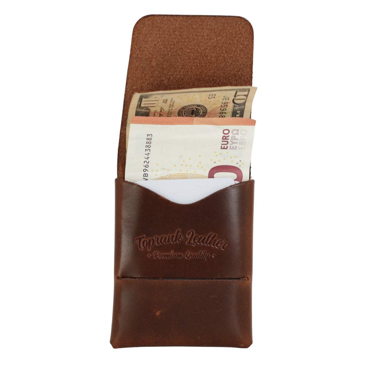 A brown leather money clip wallet with a flap closure, shown holding Euro banknotes in its front slip pocket. The leather features an embossed logo reading 'Topgrade Leather'. 