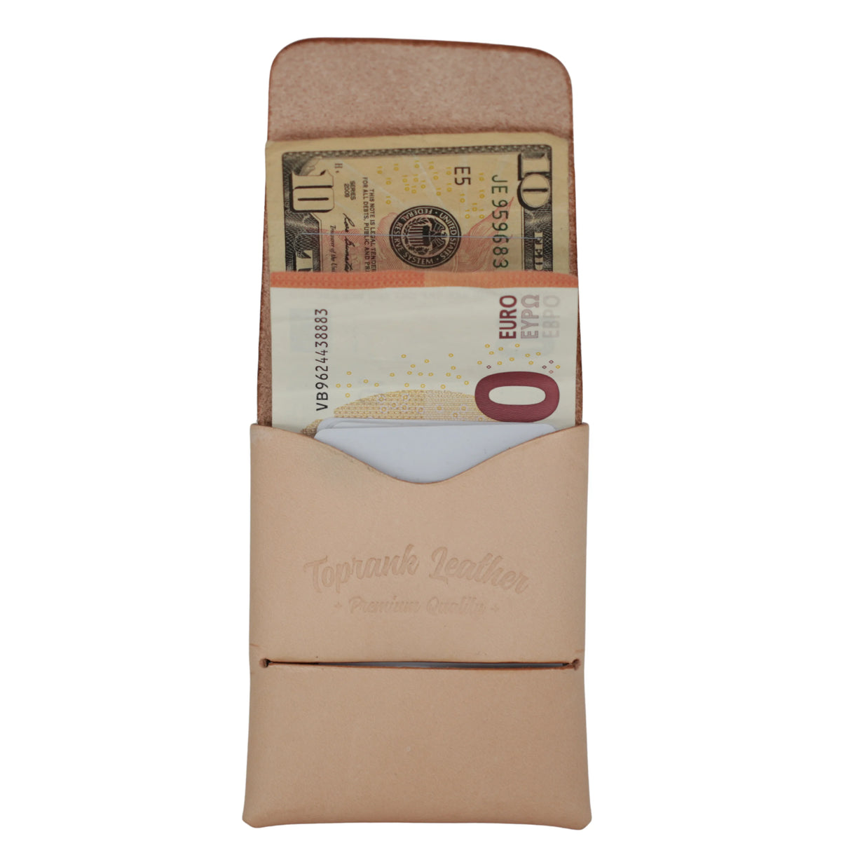 A tan leather card holder wallet shown open, containing a ten Euro note and a card, on a plain white background. The leather features an embossed script logo reading 'Toprank Leather'. 