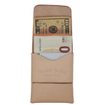 A tan leather card holder wallet shown open, containing a ten Euro note and a card, on a plain white background. The leather features an embossed script logo reading 'Toprank Leather'. 