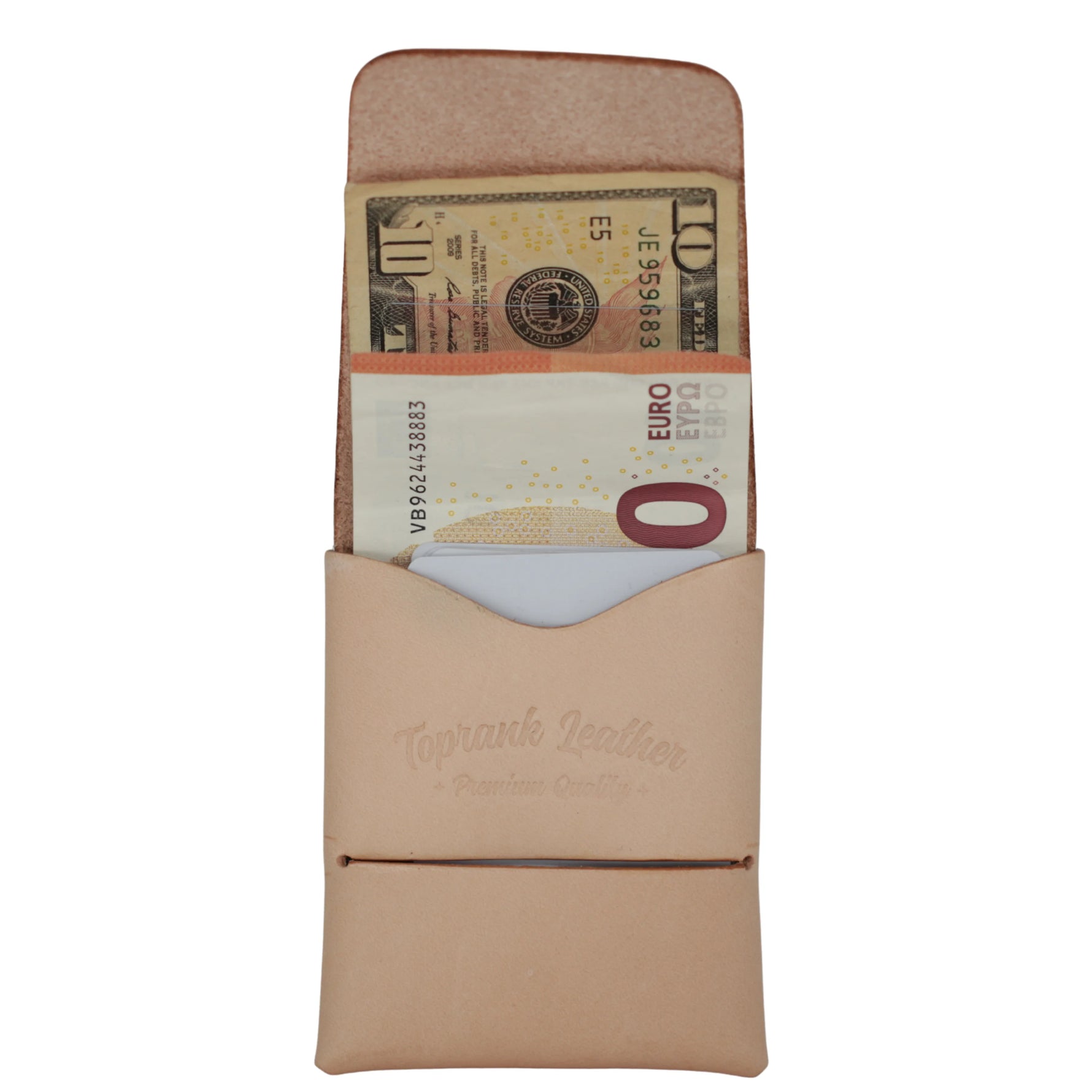 A tan leather card holder wallet shown open, containing a ten Euro note and a card, on a plain white background. The leather features an embossed script logo reading 'Toprank Leather'. 