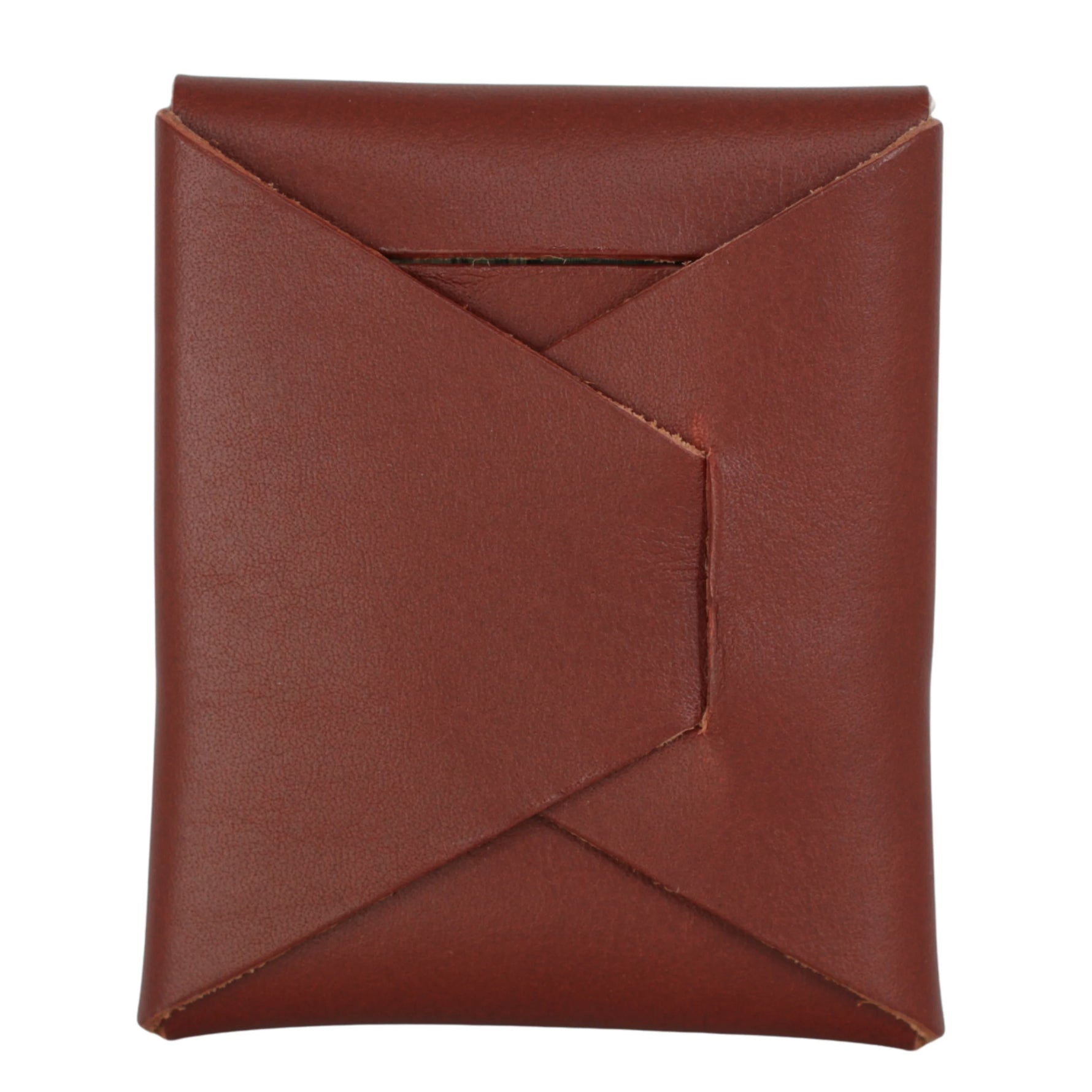 A brown leather card holder or wallet with a folded envelope-style flap, shown against a plain white background. 
