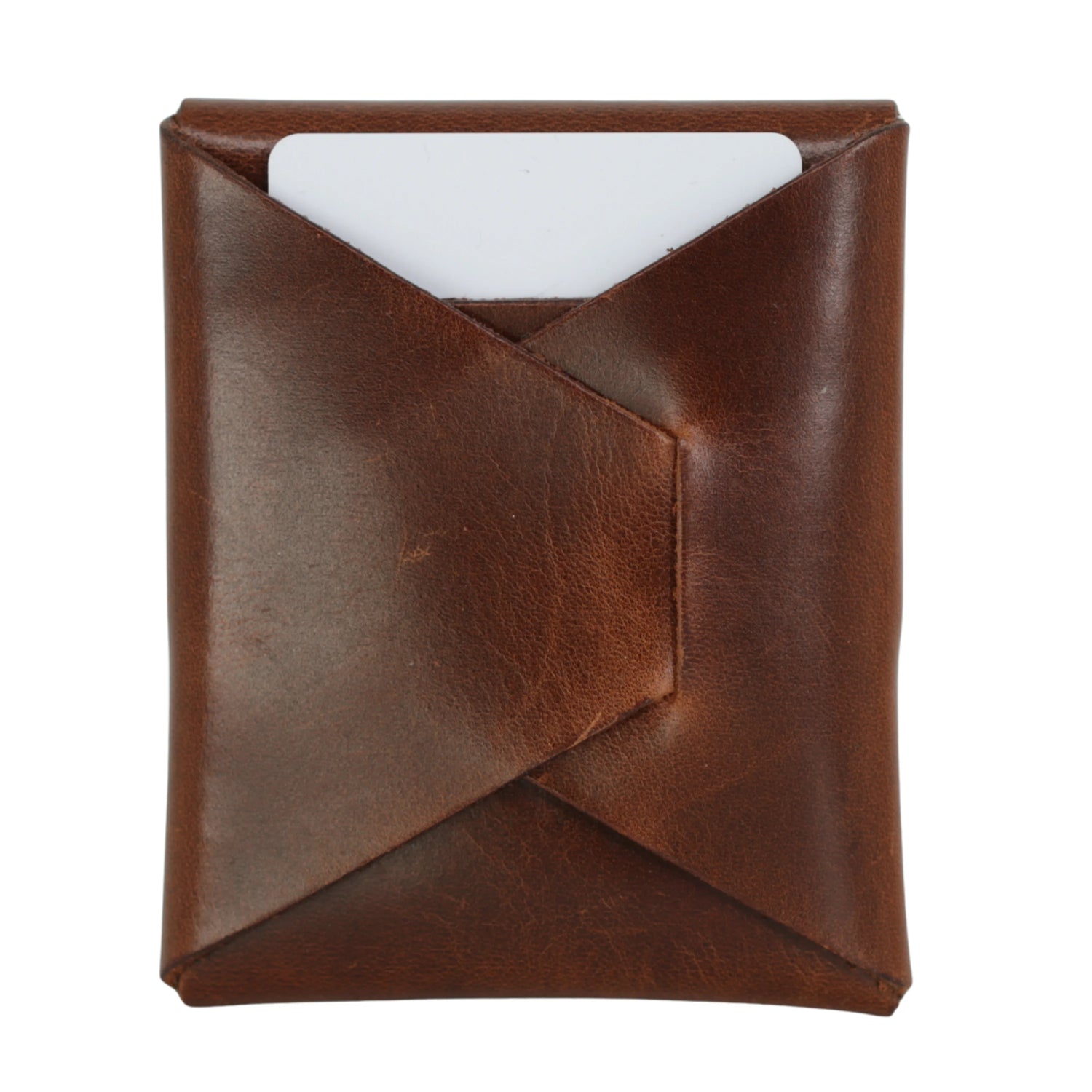 A brown leather card holder or sleeve with a diagonal fold design and a white card partially inserted, shown against a plain white background.