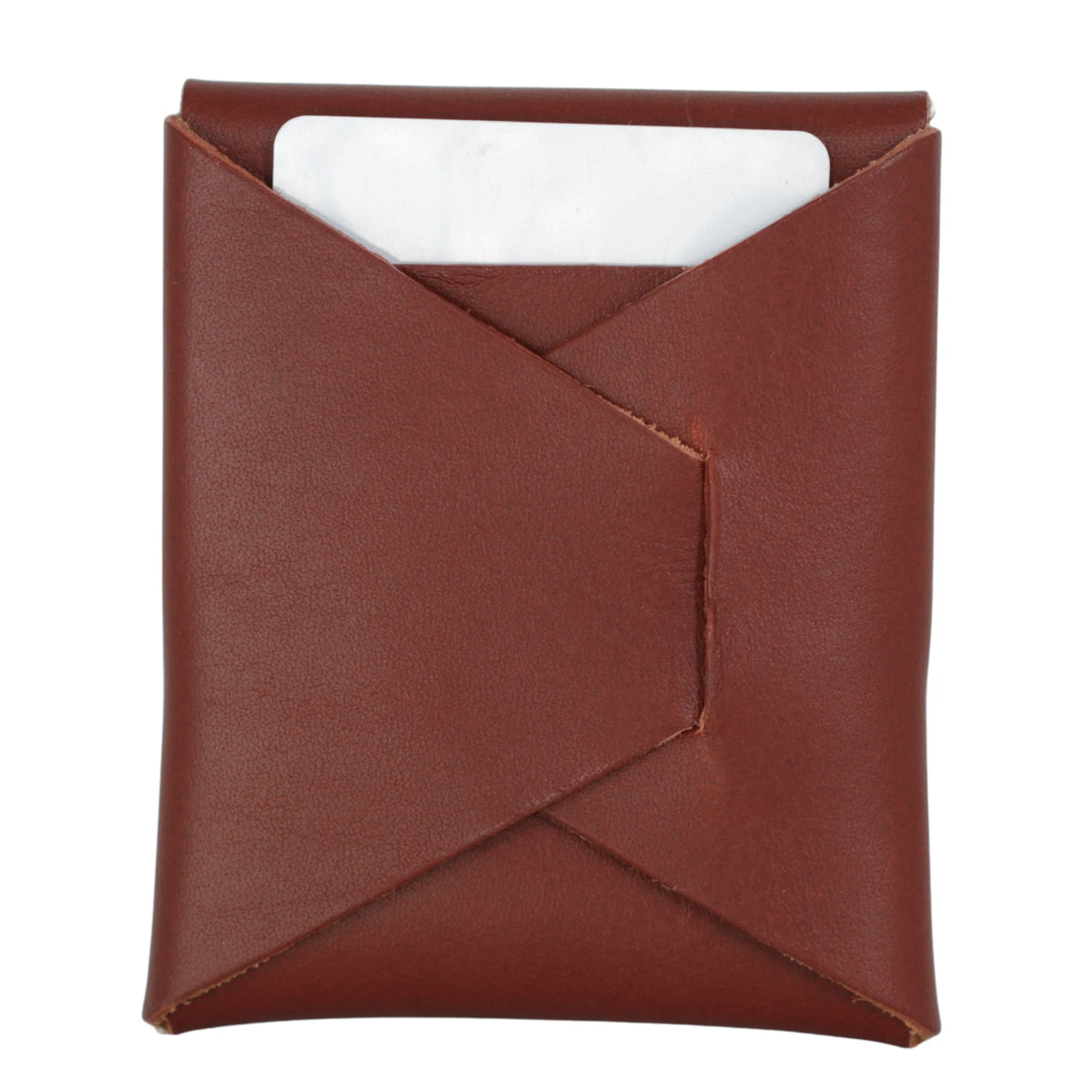 A brown leather card holder or sleeve with a diagonal fold-over flap, shown on a plain white background with a white card partially visible inside. 