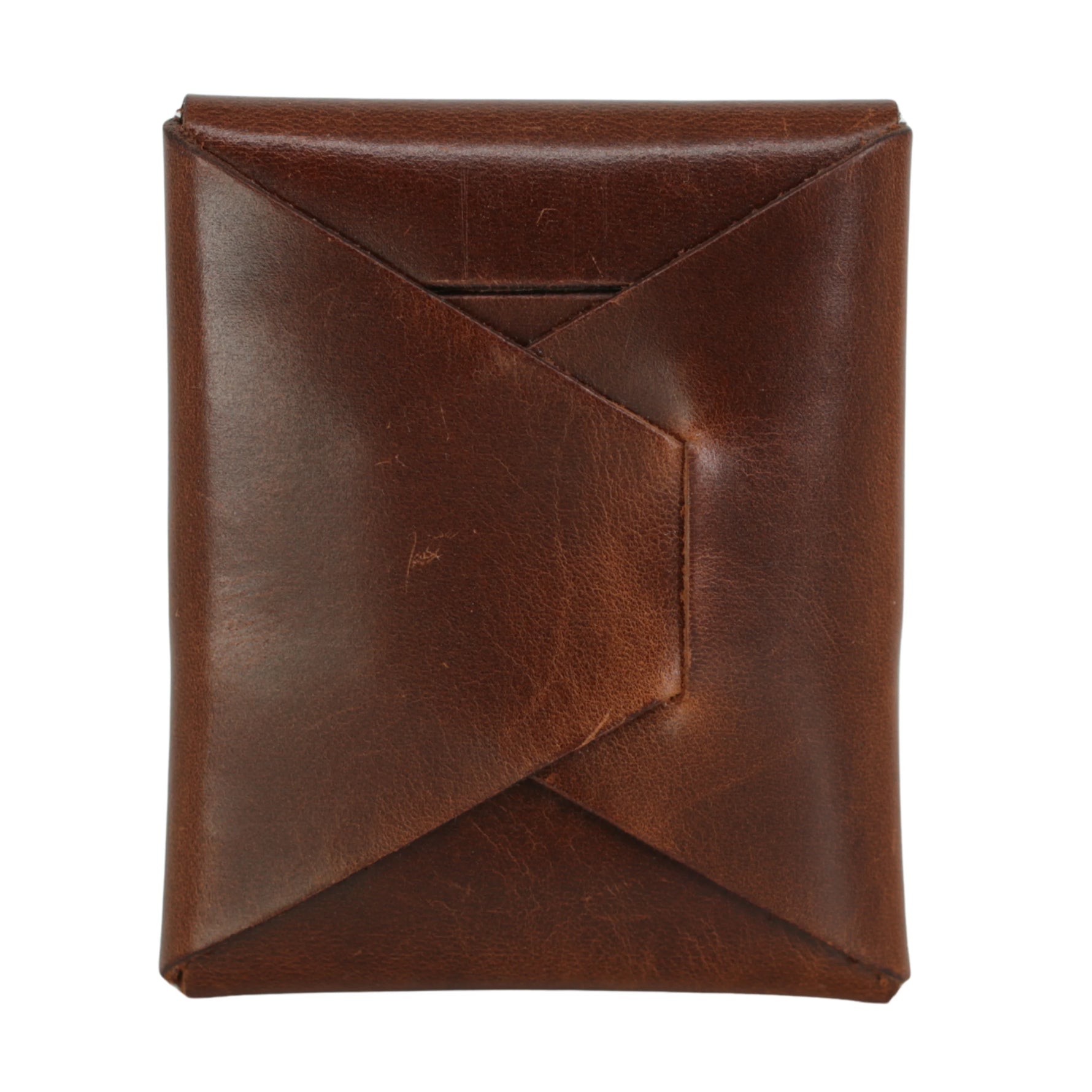 A brown leather envelope-style card holder or clutch with a diagonal fold-over flap, shown on a plain white background. 