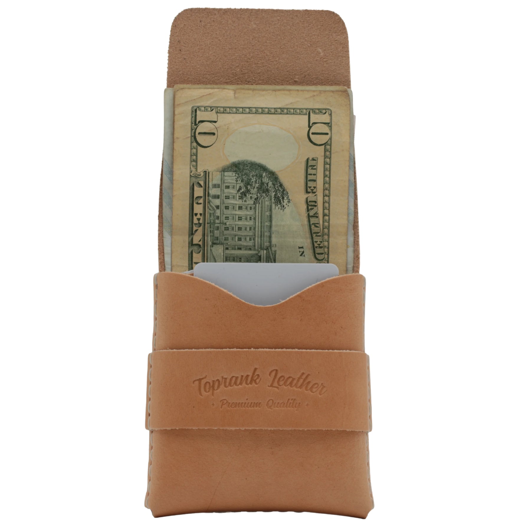 Brown leather money clip with a dollar bill inside on a white background 