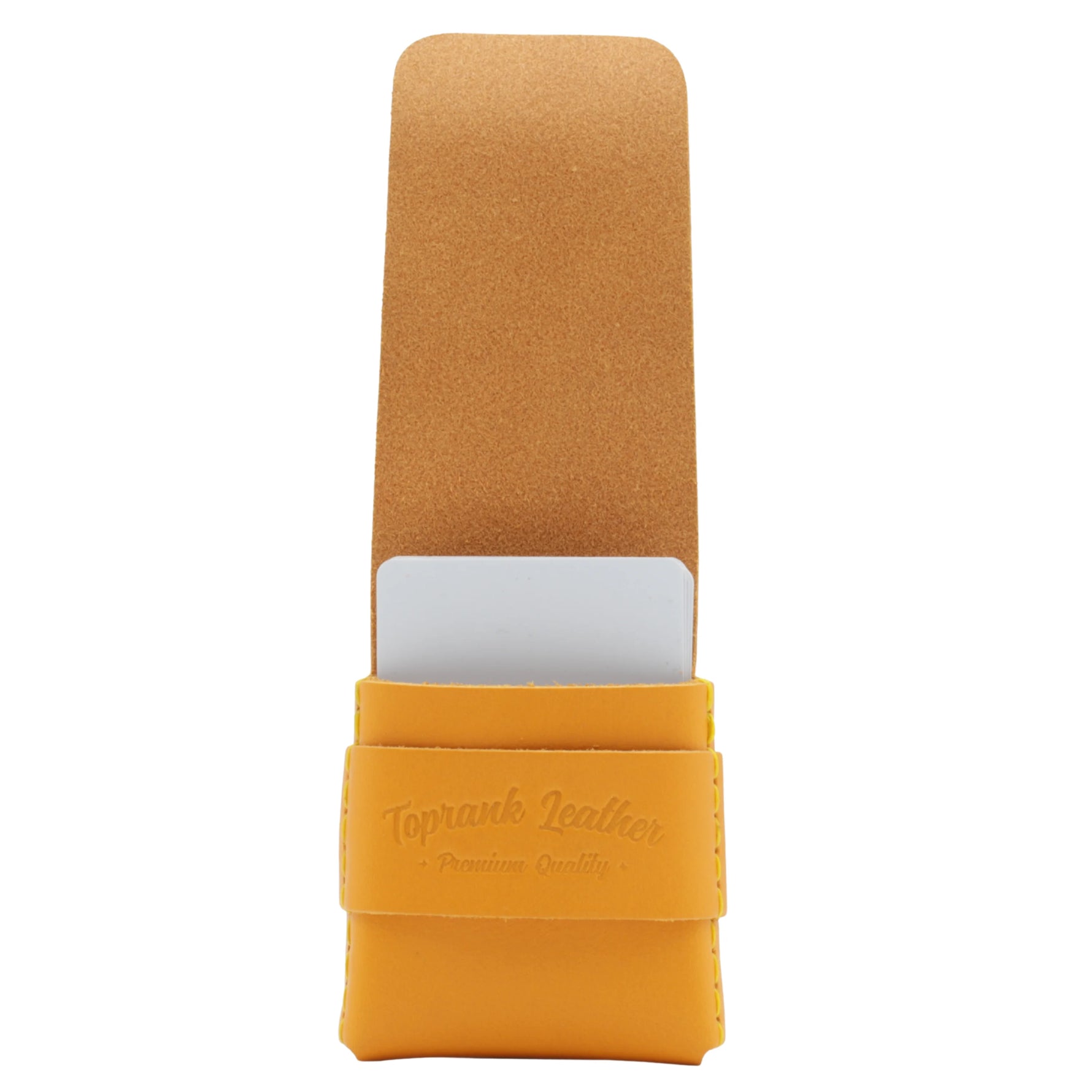 Brown leather phone case with a white card on a white background 