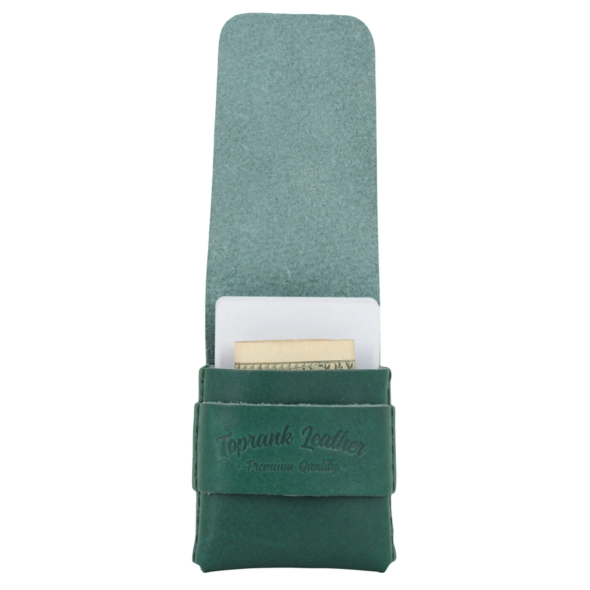 Green leather case with a white interior holding a gold item on a white background 
