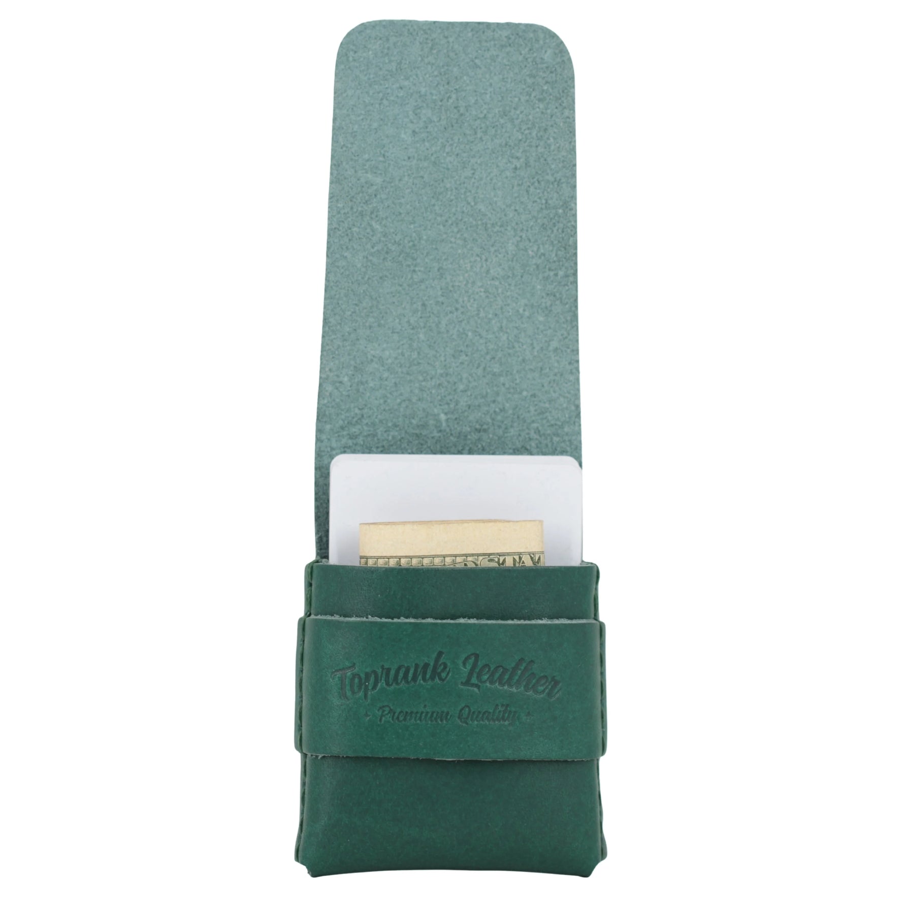 Green leather case with a white interior holding a gold item on a white background 