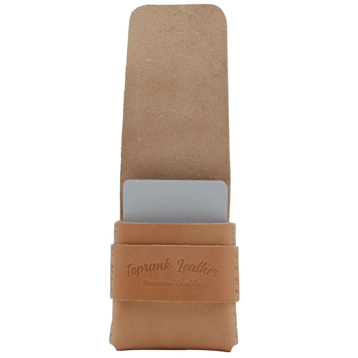 Brown leather phone case with Toprank Leather branding on a white background 