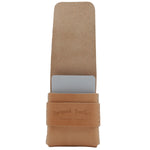 Brown leather phone case with Toprank Leather branding on a white background 