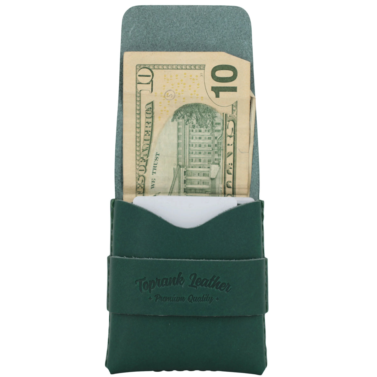 Green leather money clip with a $10 bill inside on a white background 