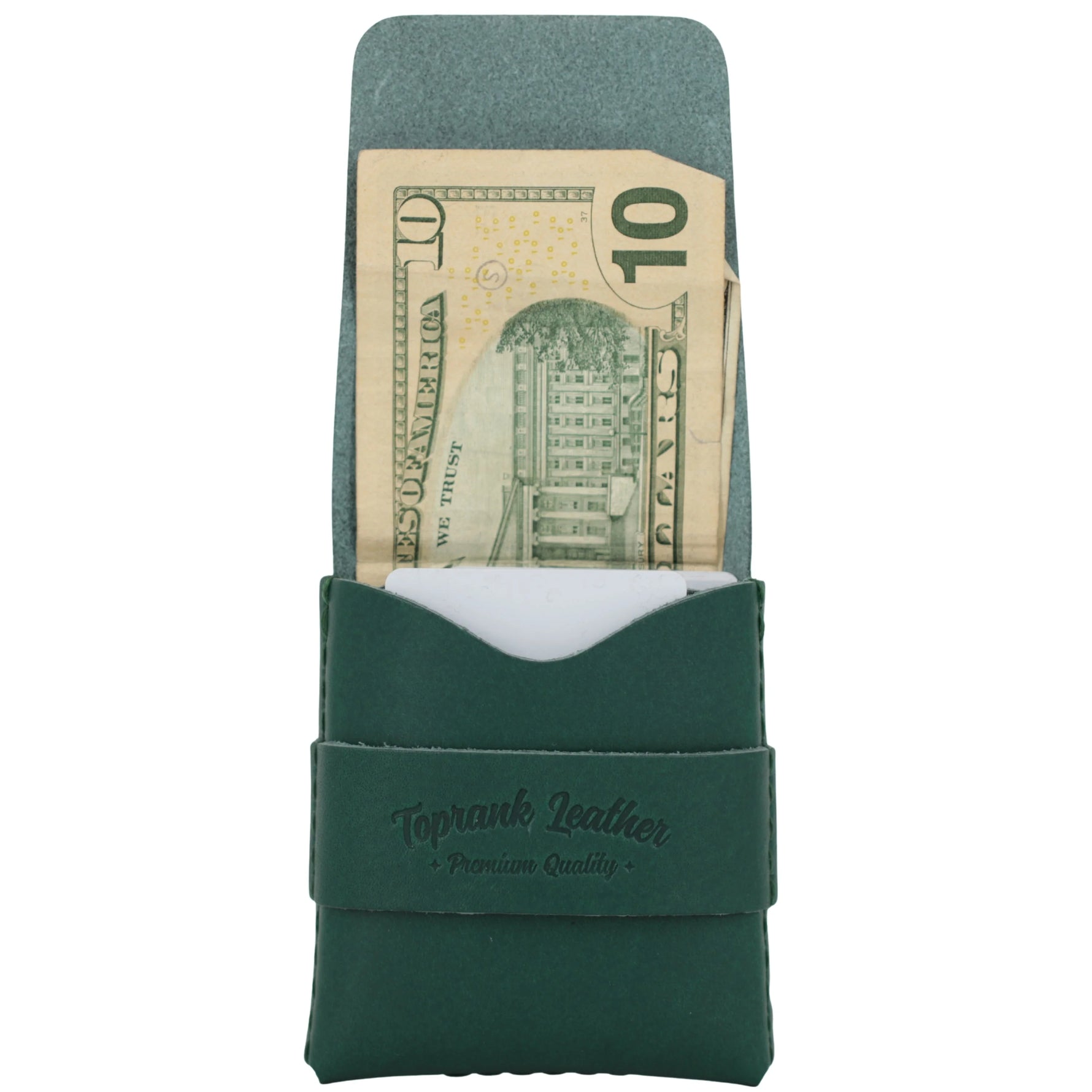 Green leather money clip with a $10 bill inside on a white background 