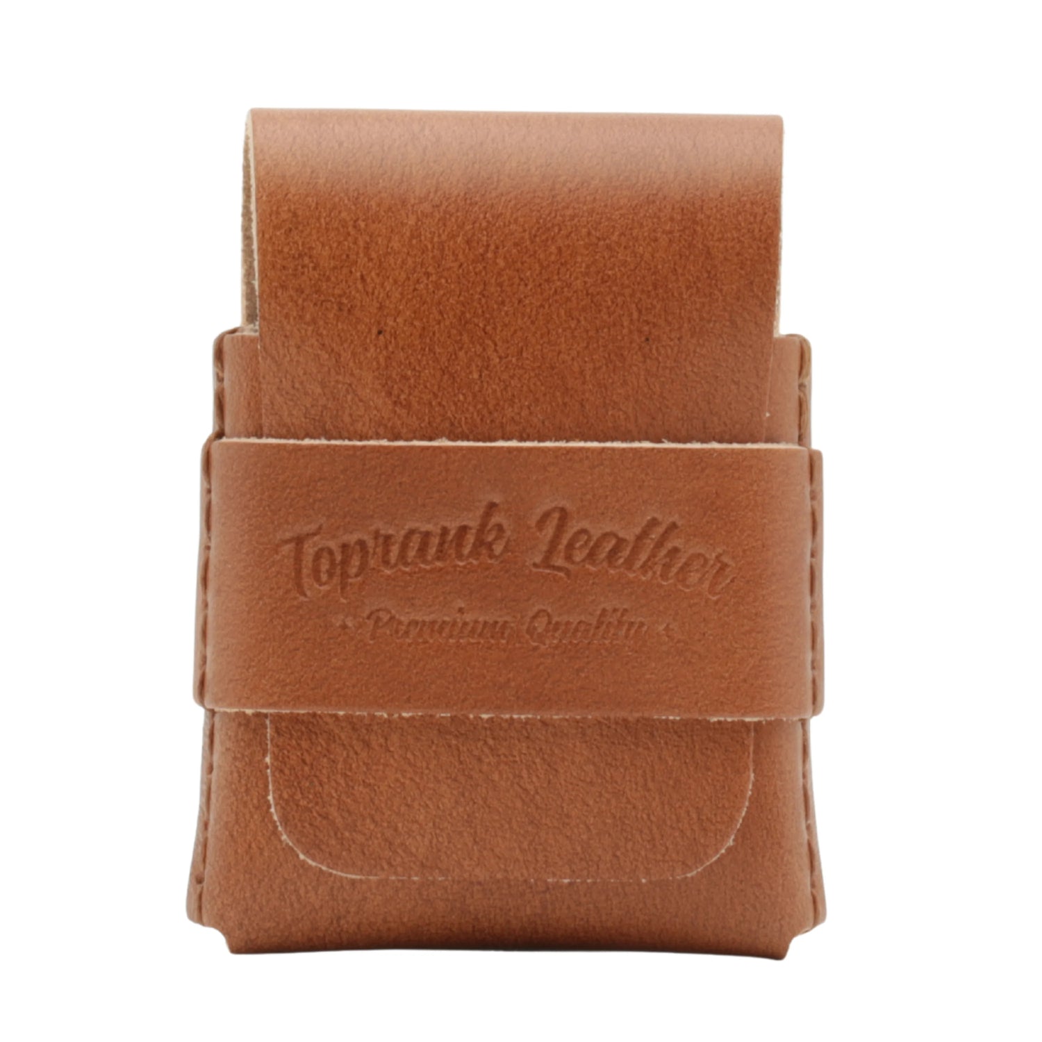 Brown leather pouch with 'Toprank Leather' branding on a white background