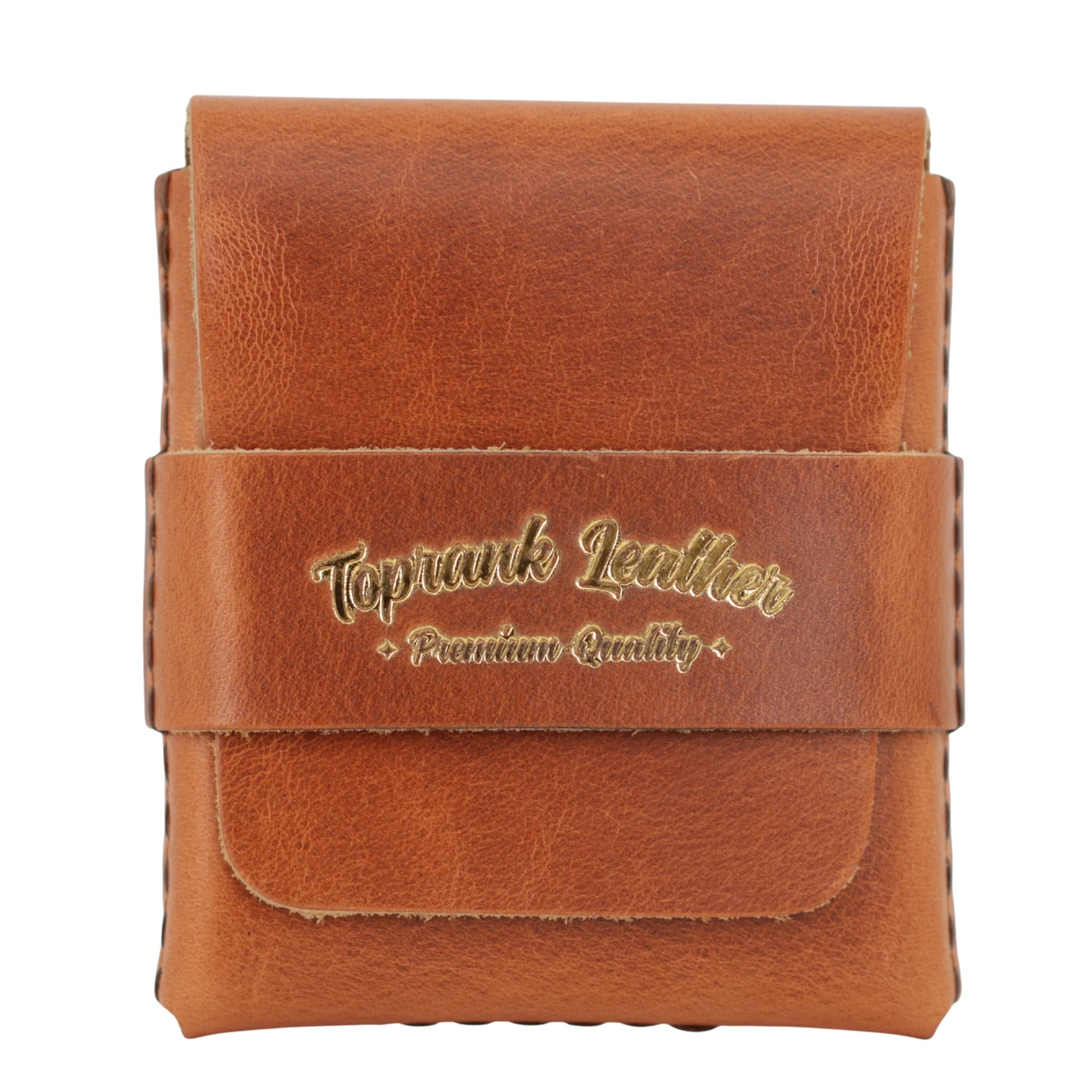 Brown leather pouch with 'Toprank Leather Premium Quality' branding on a white background