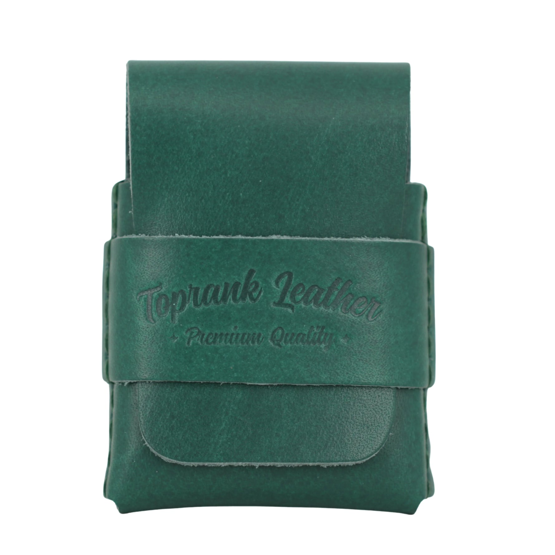 Green leather pouch with 'Toprank Leather Premium Quality' branding on a white background 