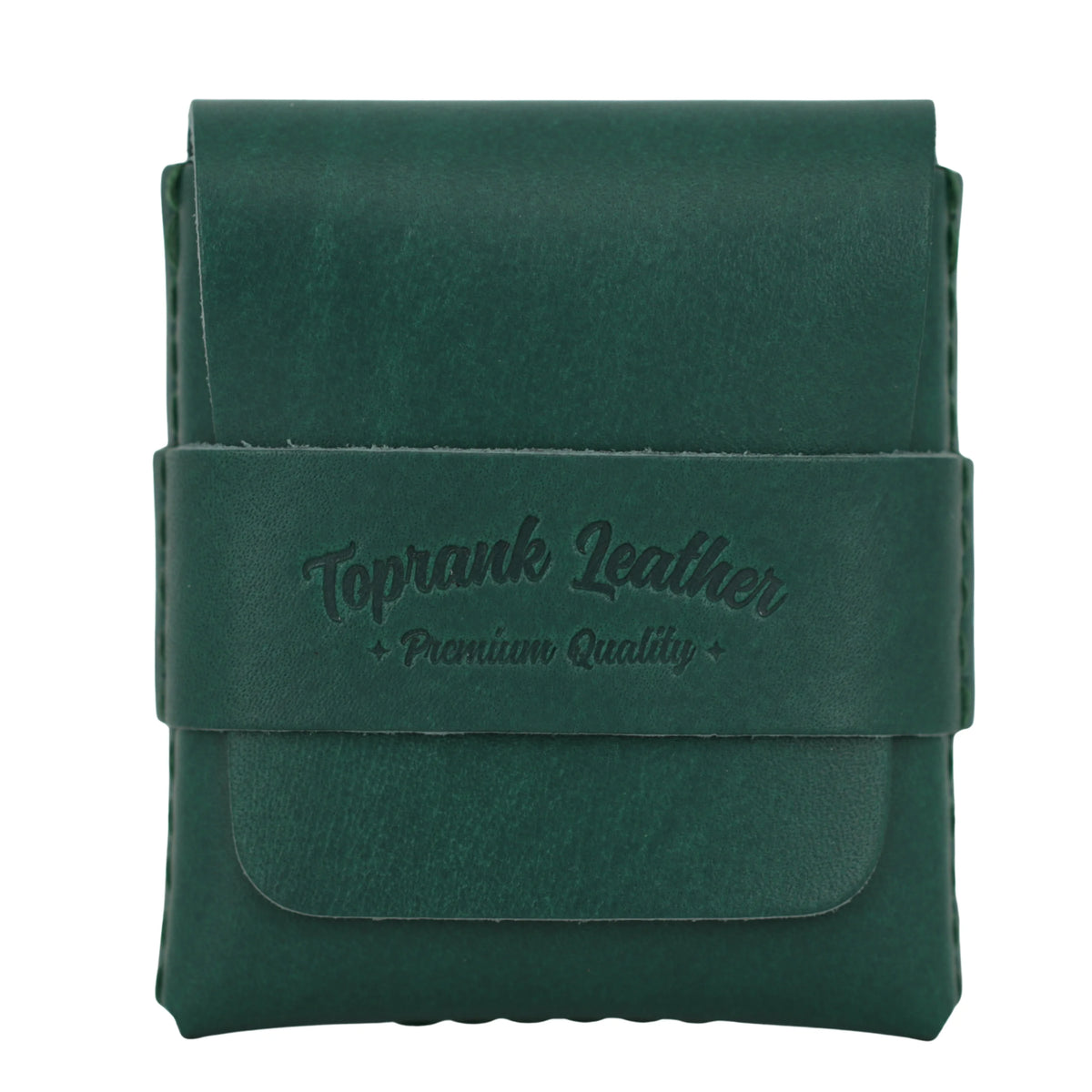 Green leather pouch with 'Toprank Leather Premium Quality' branding on a white background 