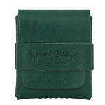 Green leather pouch with 'Toprank Leather Premium Quality' branding on a white background 