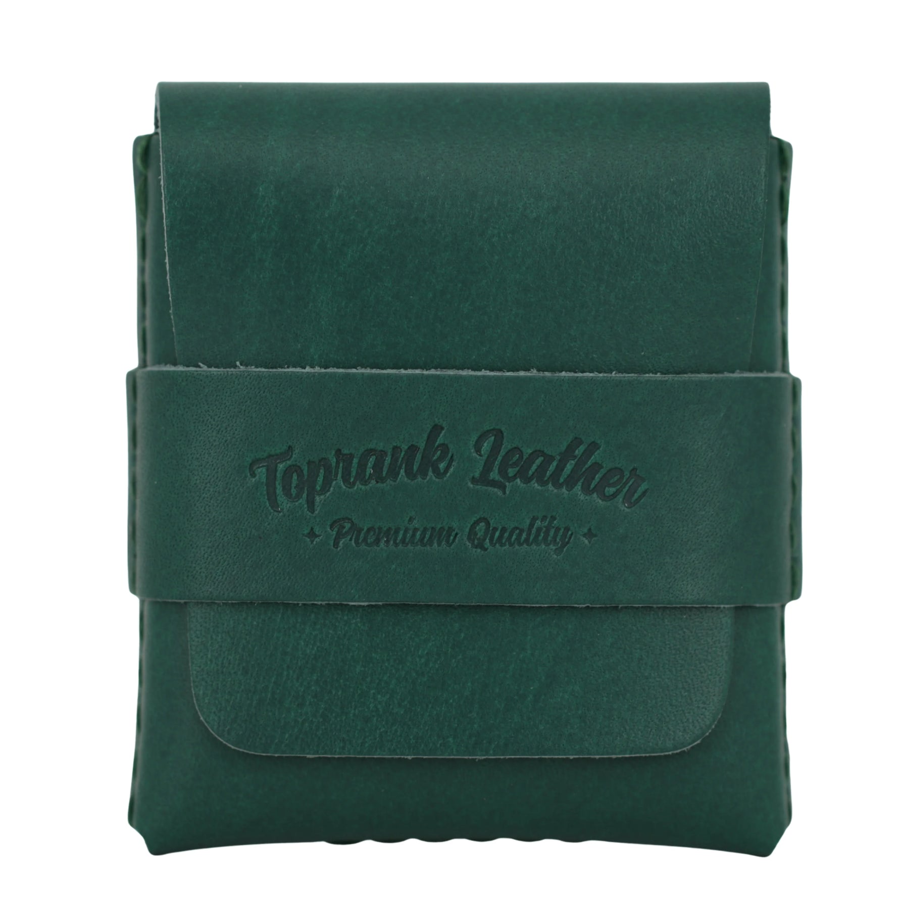 Green leather pouch with 'Toprank Leather Premium Quality' branding on a white background 