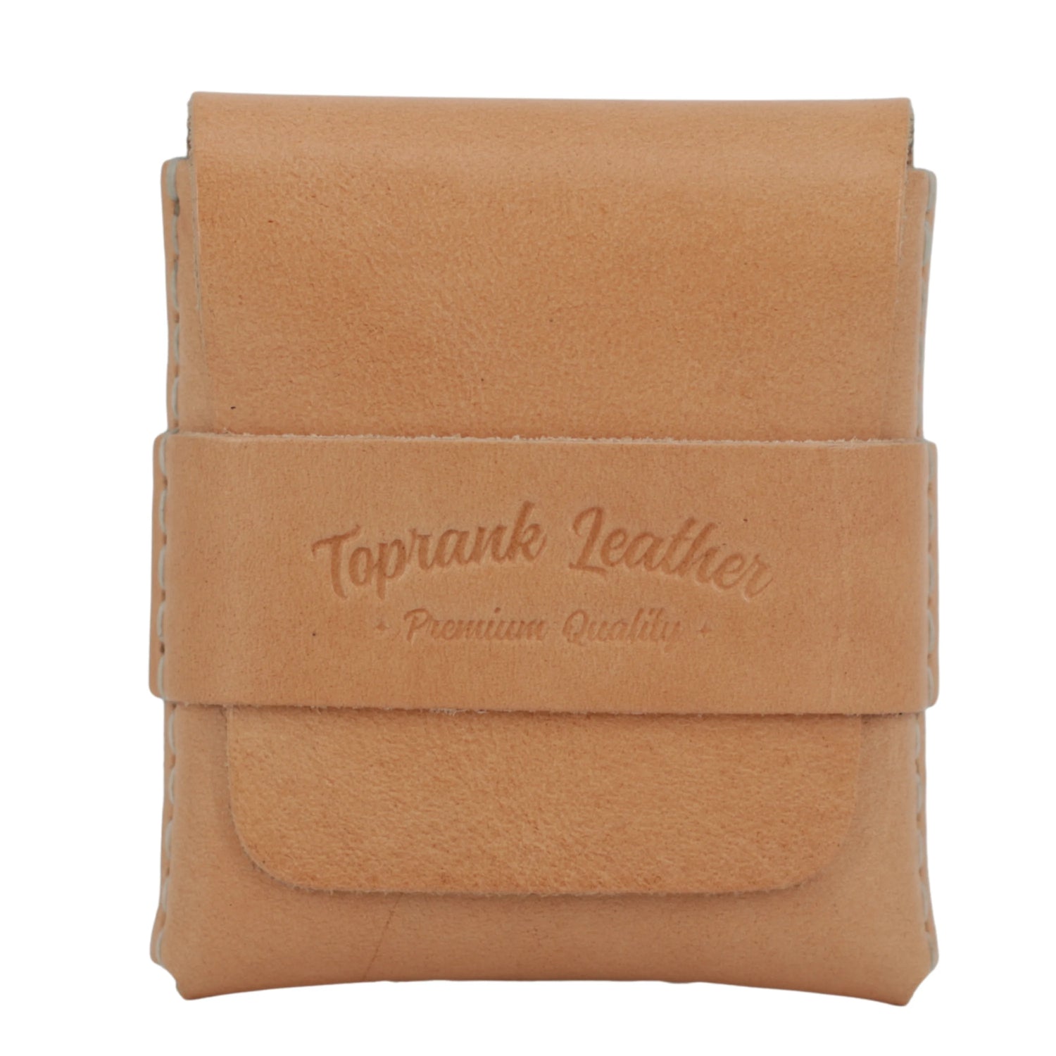 Tan leather wallet with 'Toprank Leather' branding on a white background