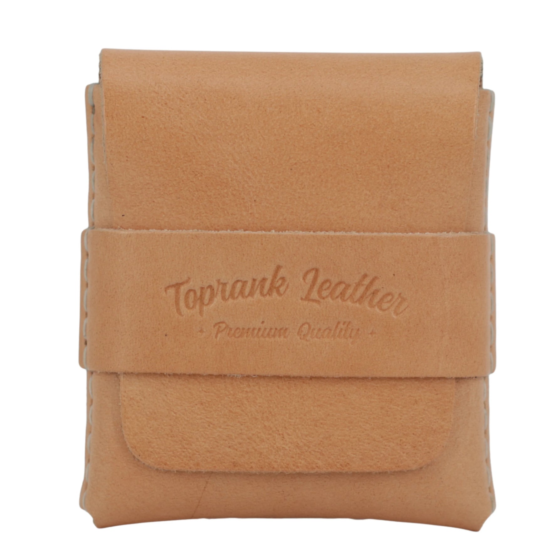 Tan leather wallet with 'Toprank Leather' branding on a white background 