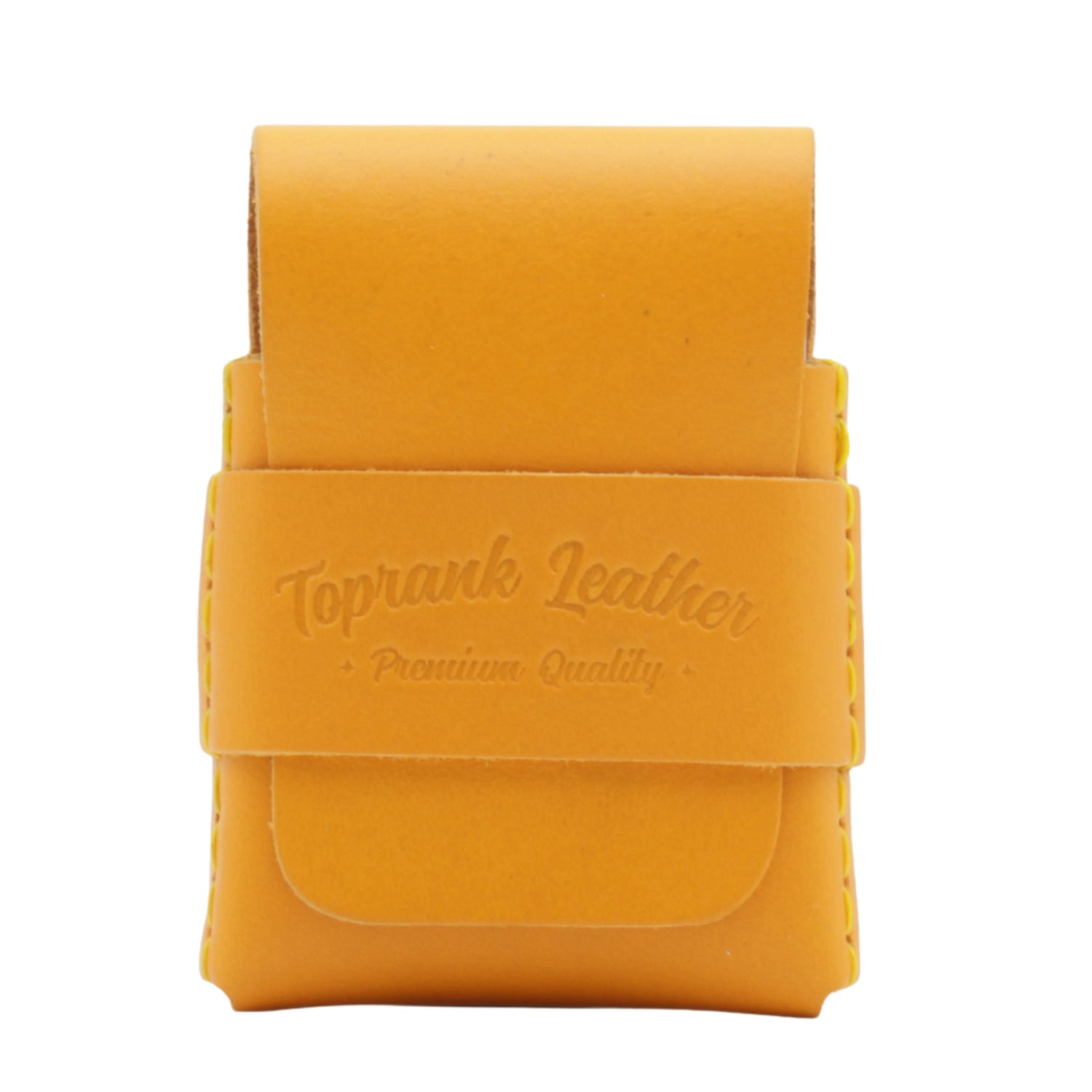 Yellow leather case with 'Toprank Leather' branding on a white background