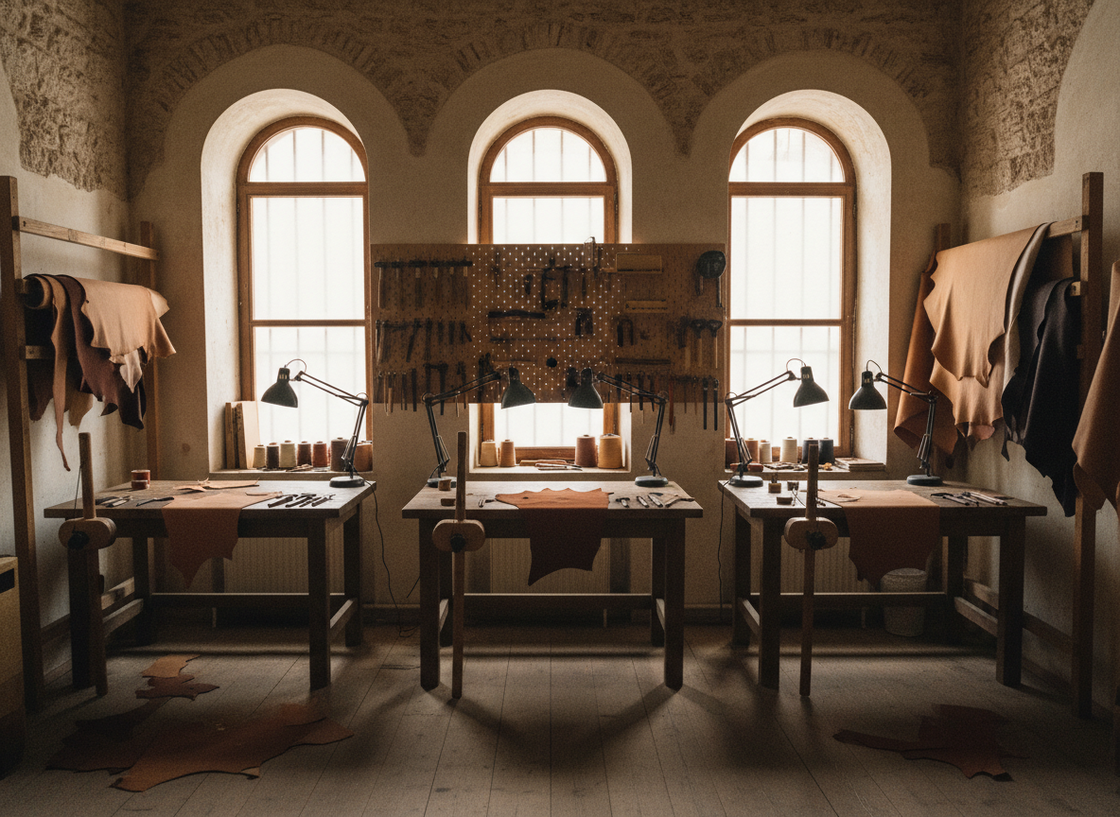 Workbenches, hides and hand tools in a leather workshop