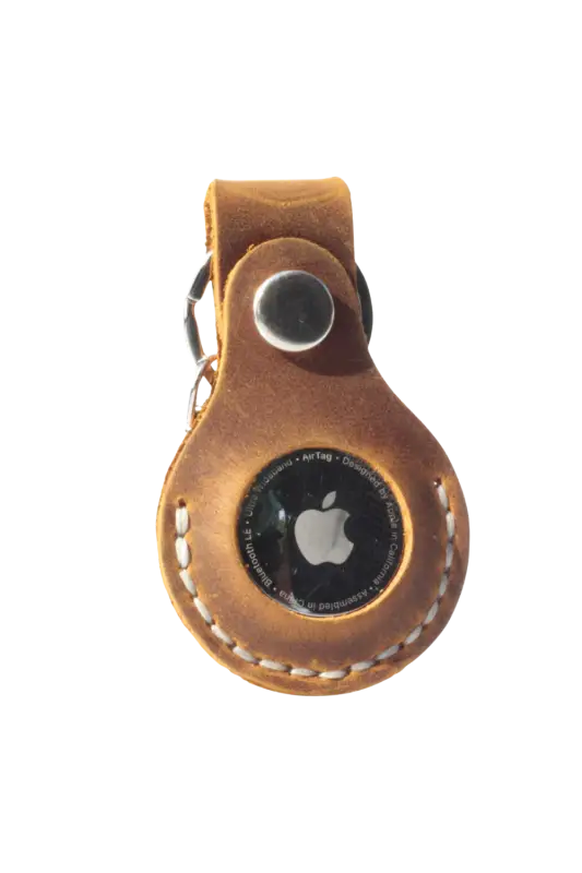 Brown leather case with Apple logo on a white background 