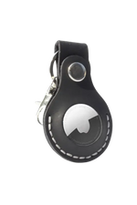 Black leather keychain with a silver tag on a white background 