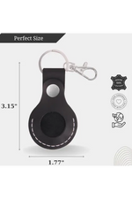 Black keychain case with measurements and certification logos on a white background 