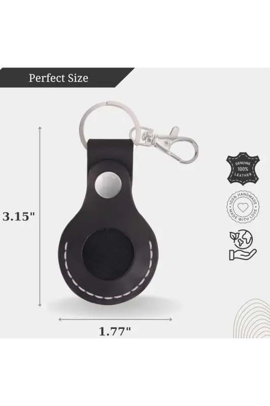 Black keychain case with measurements and certification logos on a white background 